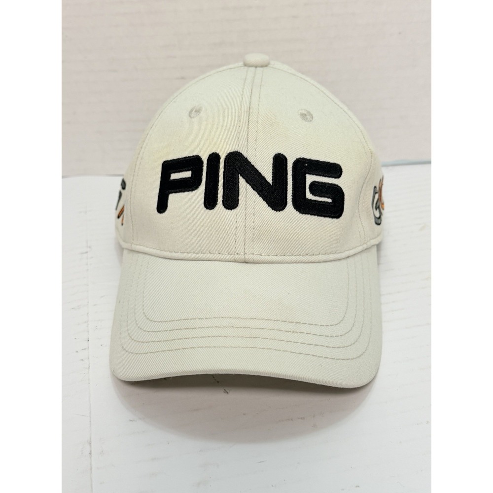 PING Golf Hat Cream Black Strapback Cap Pingman Logo Adjustable Cotton